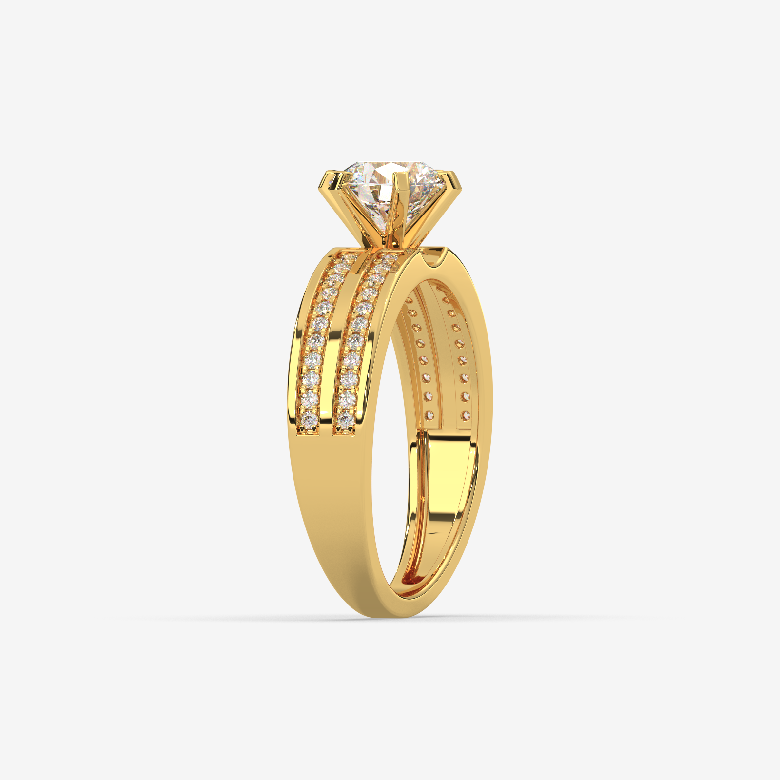 Solid Gold Round Cut Diamond Solitaire Engagement Ring | Triple Row Pave Band