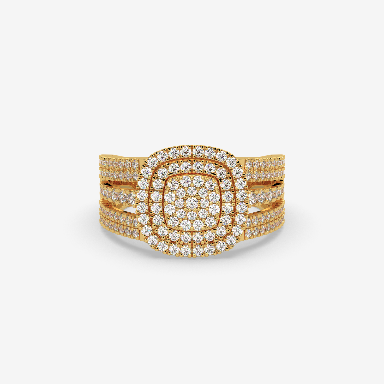 Unisex Cushion Shape Double Halo Diamond Ring | Solid Gold Multi-Row Statement Ring