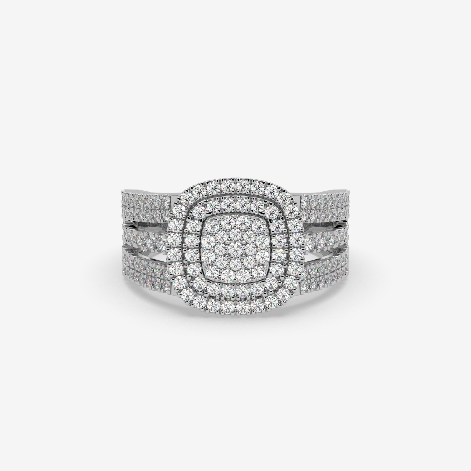 Unisex Cushion Shape Double Halo Diamond Ring | Solid Gold Multi-Row Statement Ring