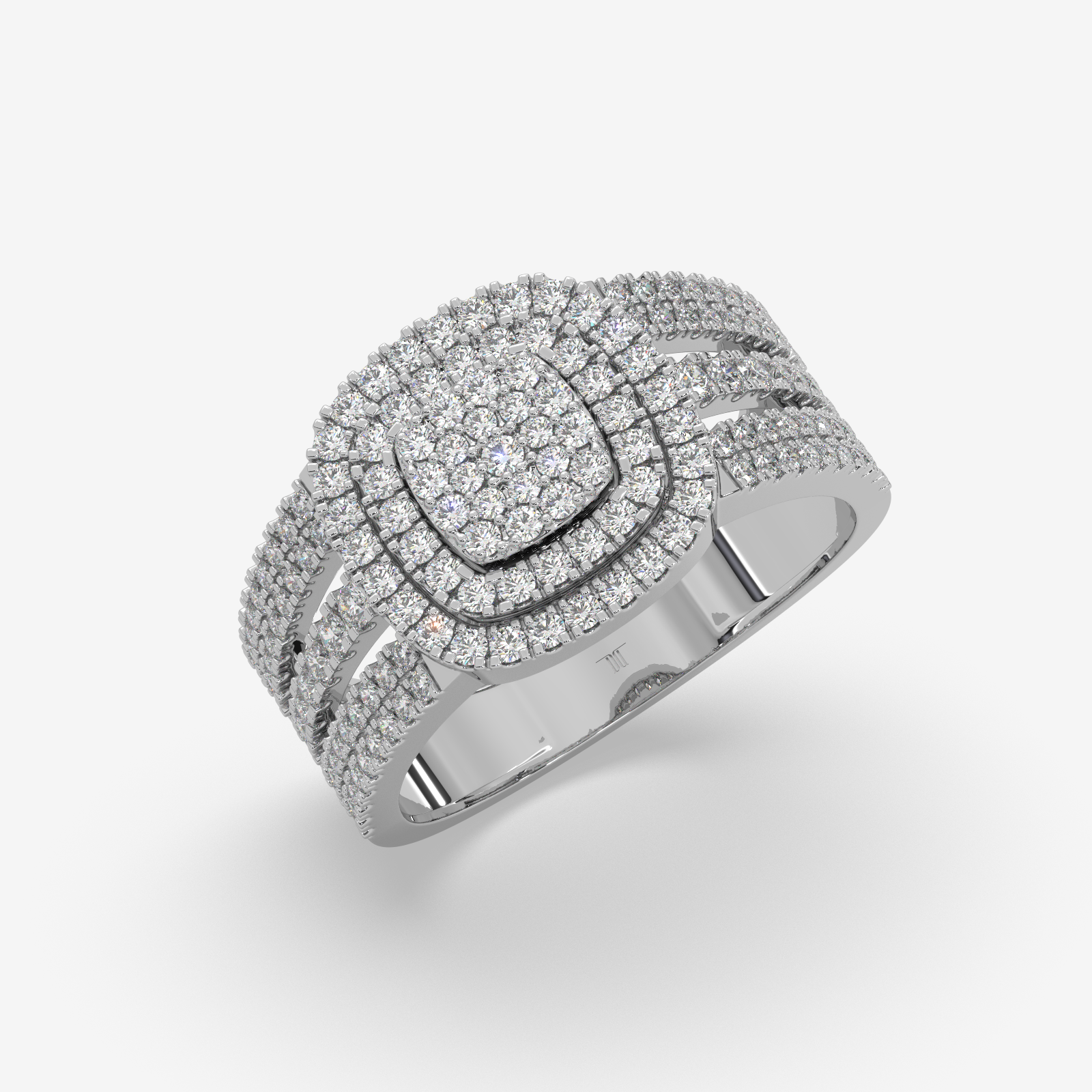 Unisex Cushion Shape Double Halo Diamond Ring | 18K Gold Multi-Row Statement Ring