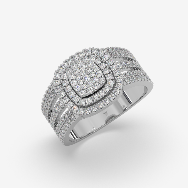 Unisex Cushion Shape Double Halo Diamond Ring | 18K Gold Multi-Row Statement Ring