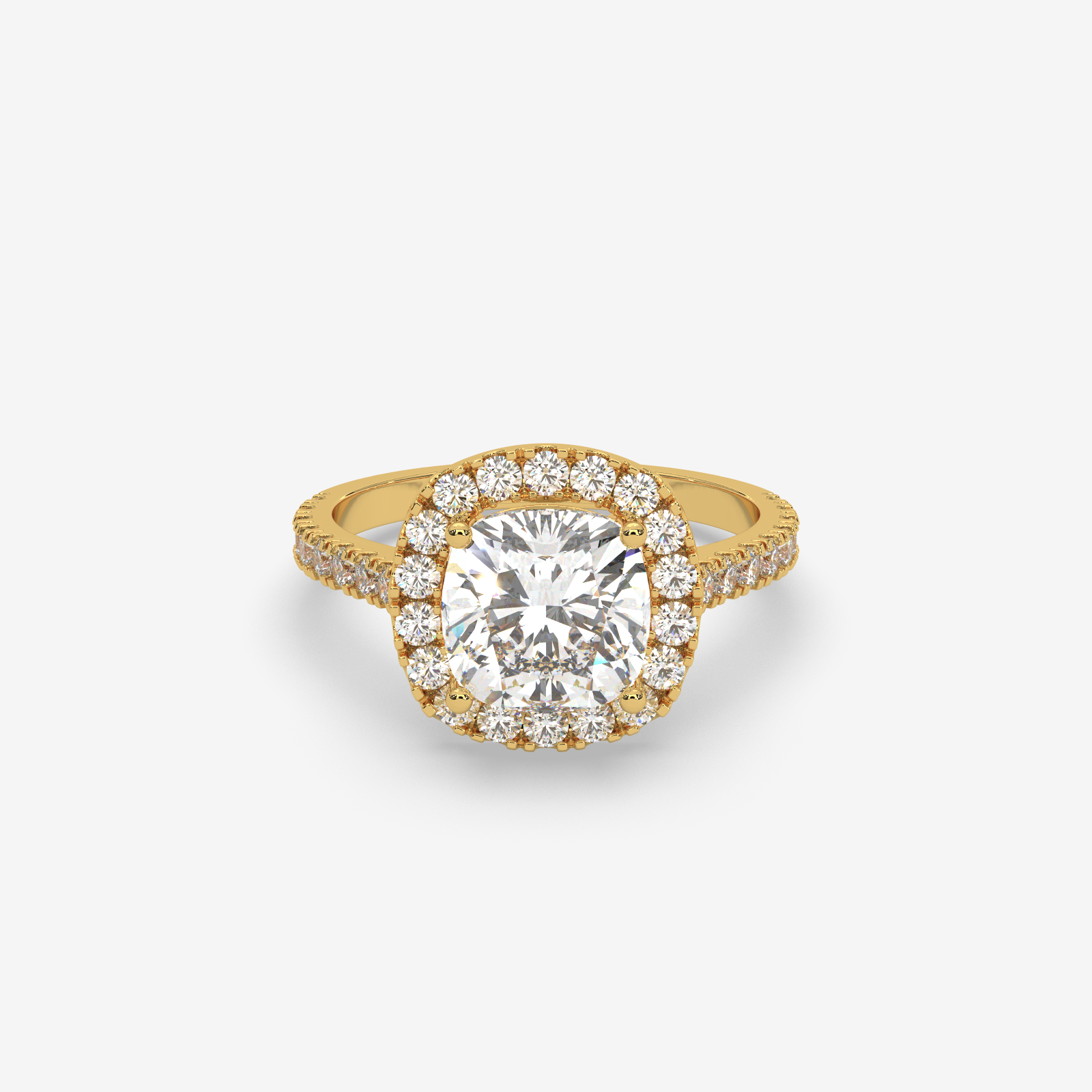 Solid Gold Cushion Cut Diamond Halo Engagement Ring | Pave Set Band