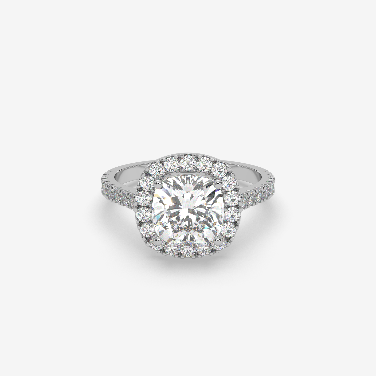 Solid Gold Cushion Cut Diamond Halo Engagement Ring | Pave Set Band
