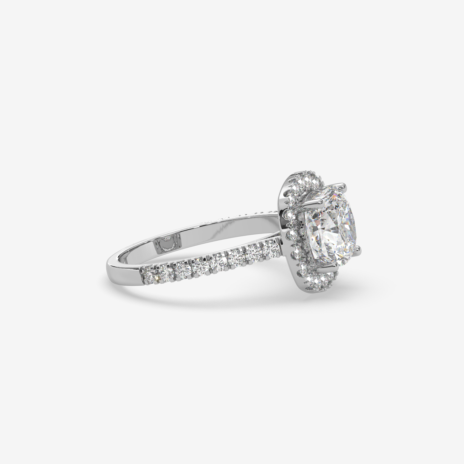 Solid Gold Cushion Cut Diamond Halo Engagement Ring | Pave Set Band