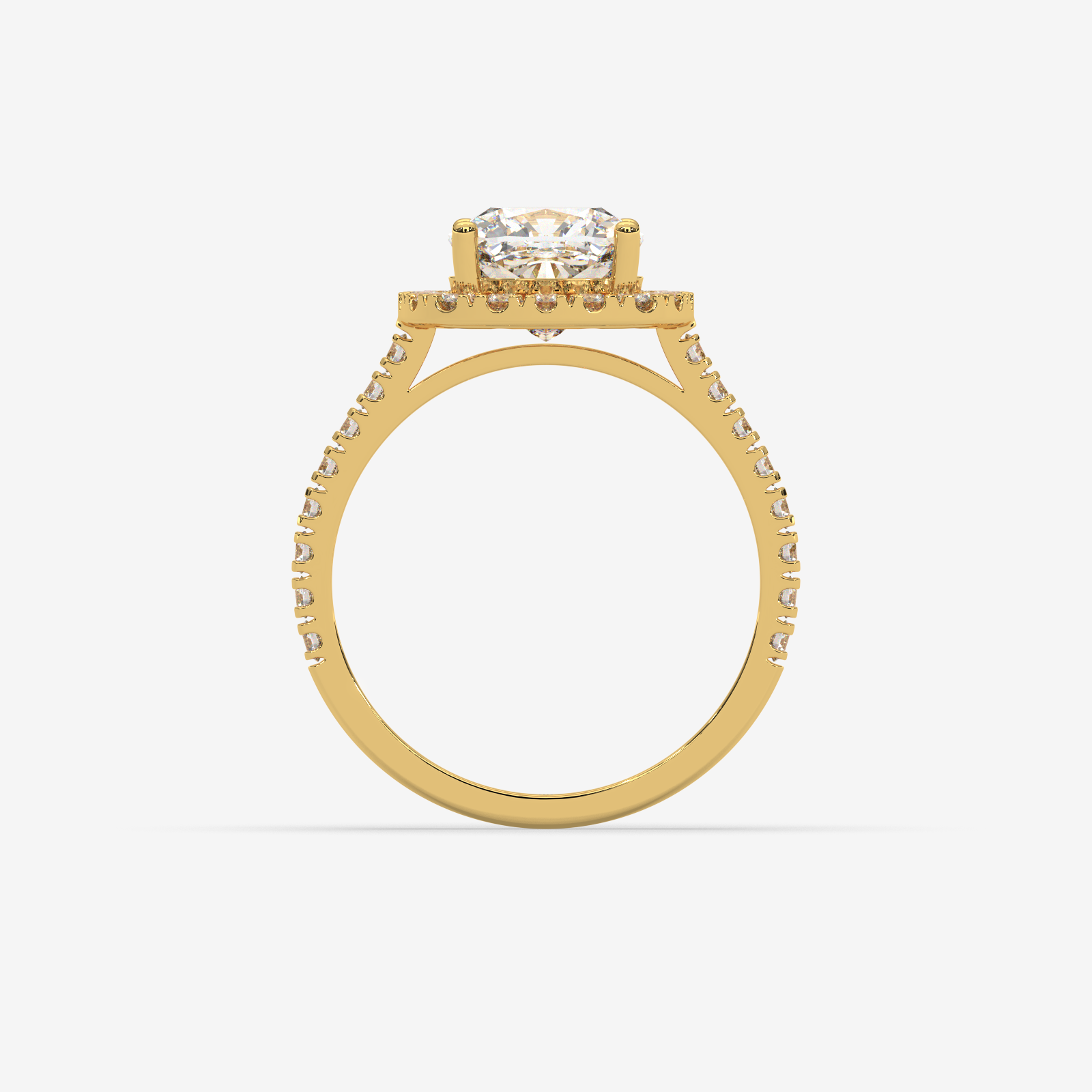 Solid Gold Cushion Cut Diamond Halo Engagement Ring | Pave Set Band