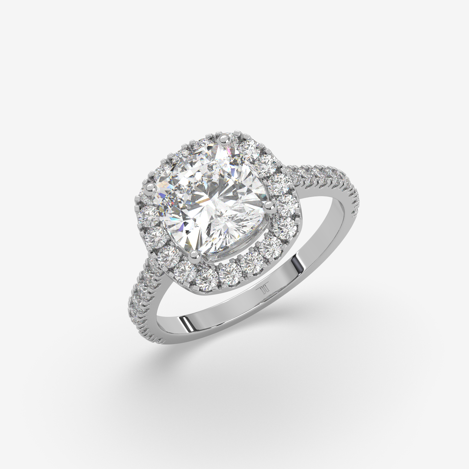 18k Gold Cushion Cut Diamond Halo Engagement Ring | Pave Set Band