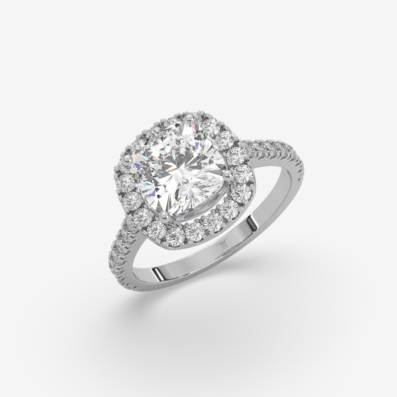 Solid Gold Cushion Cut Diamond Halo Engagement Ring | Pave Set Band