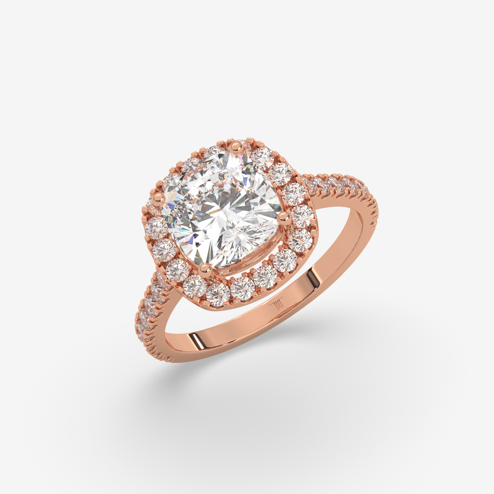 Solid Gold Cushion Cut Diamond Halo Engagement Ring | Pave Set Band