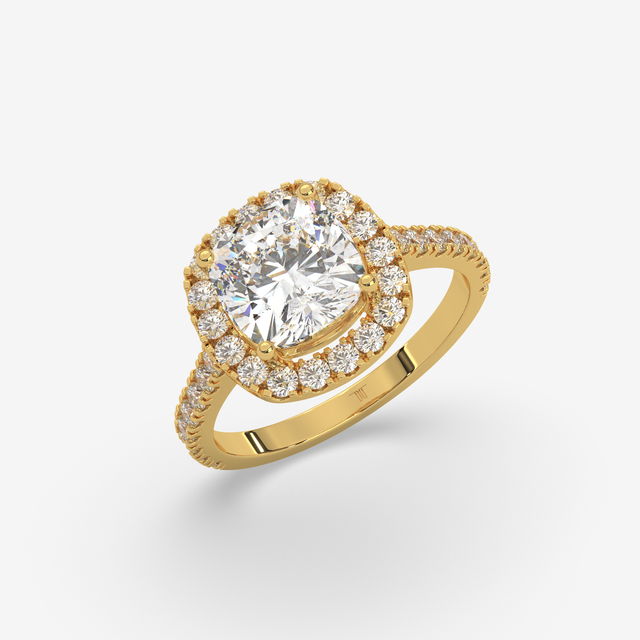 18k Gold Cushion Cut Diamond Halo Engagement Ring | Pave Set Band