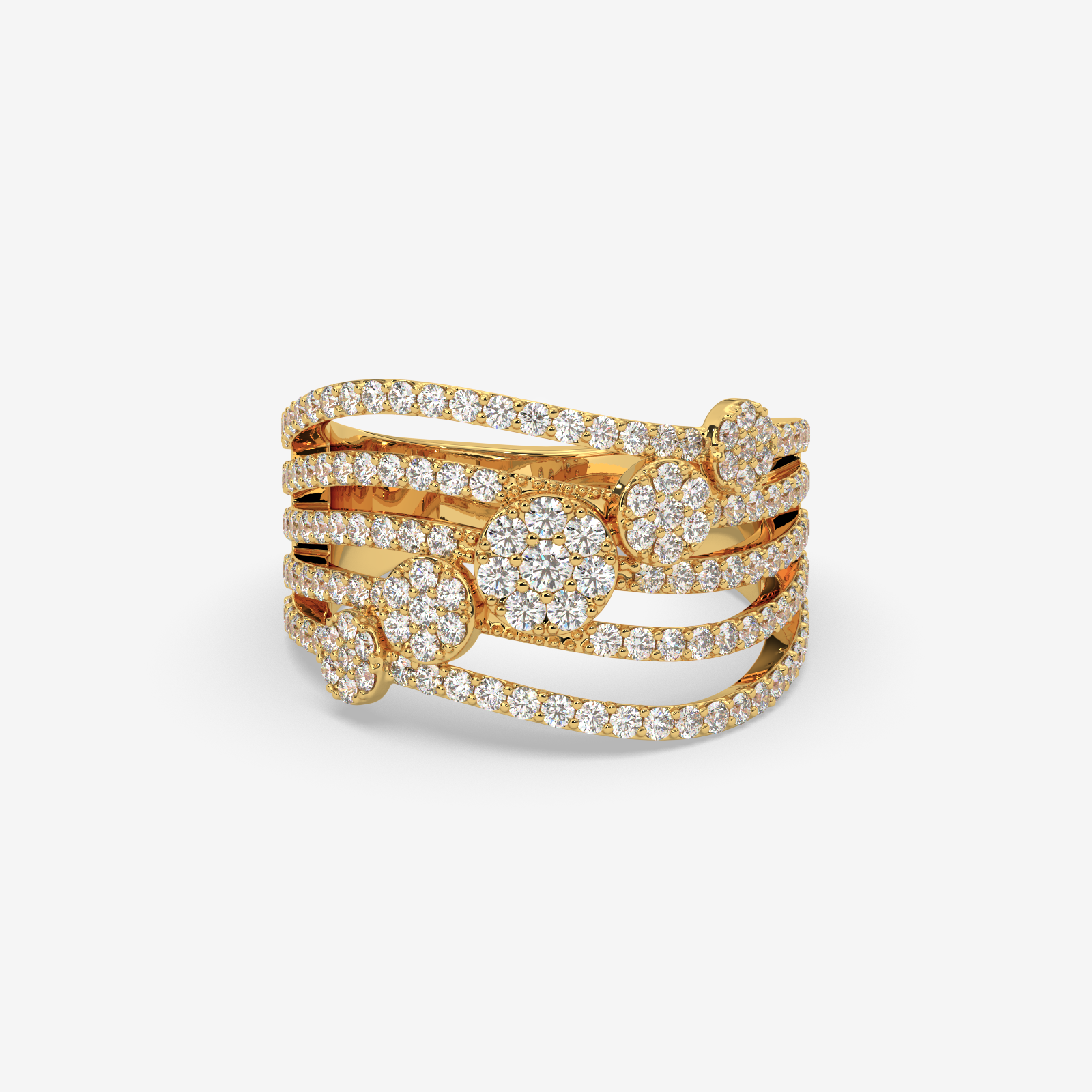 Solid Gold Multi-Row Diamond Cluster Statement Ring | 5-Band Stacked Wave Ring