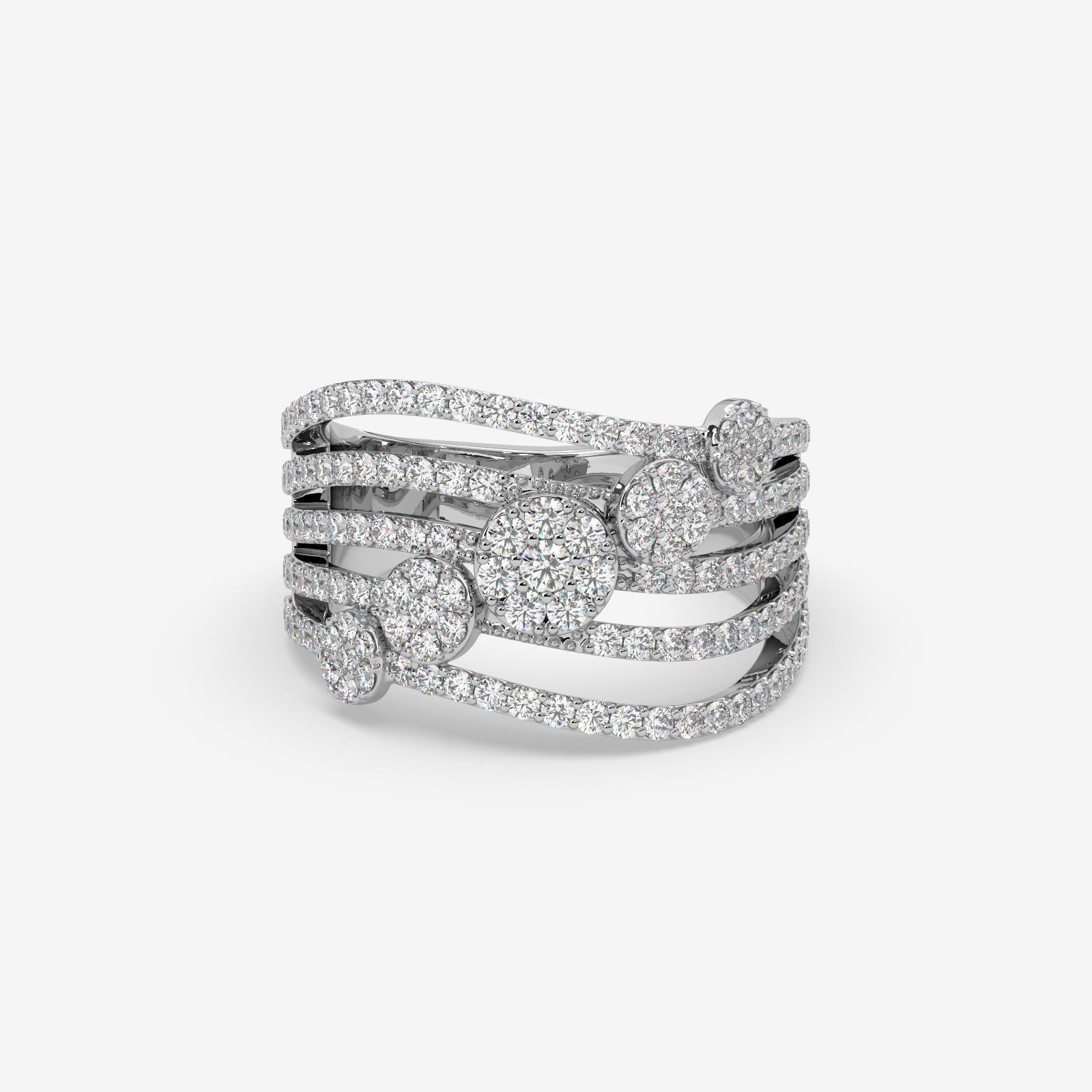 Solid Gold Multi-Row Diamond Cluster Statement Ring | 5-Band Stacked Wave Ring