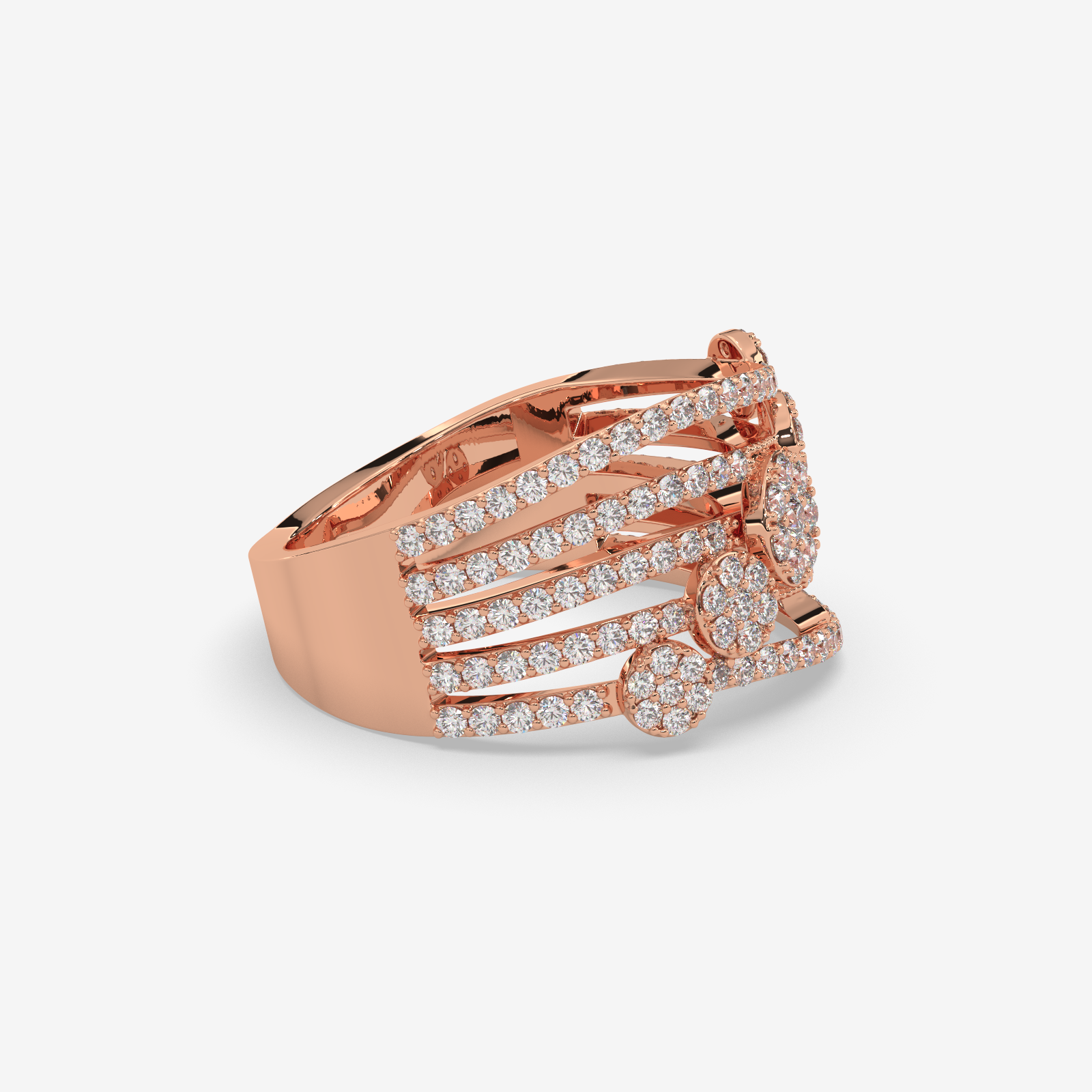 Solid Gold Multi-Row Diamond Cluster Statement Ring | 5-Band Stacked Wave Ring