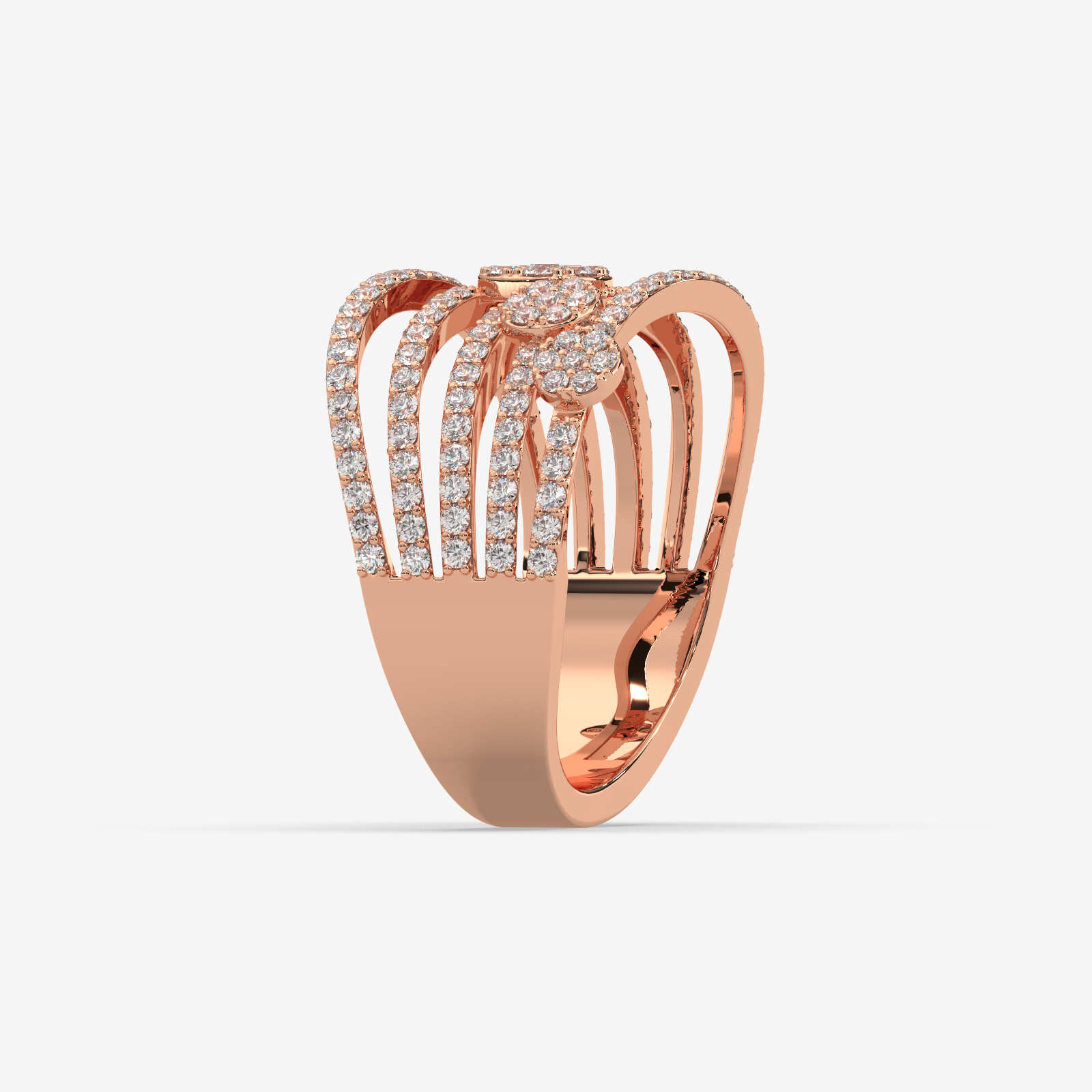 Solid Gold Multi-Row Diamond Cluster Statement Ring | 5-Band Stacked Wave Ring