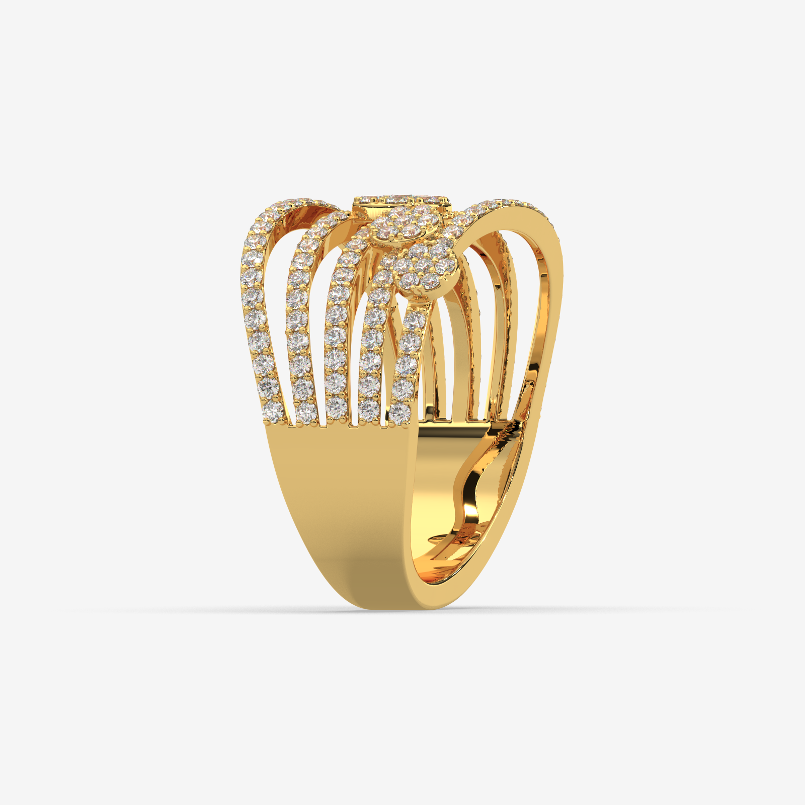 Solid Gold Multi-Row Diamond Cluster Statement Ring | 5-Band Stacked Wave Ring