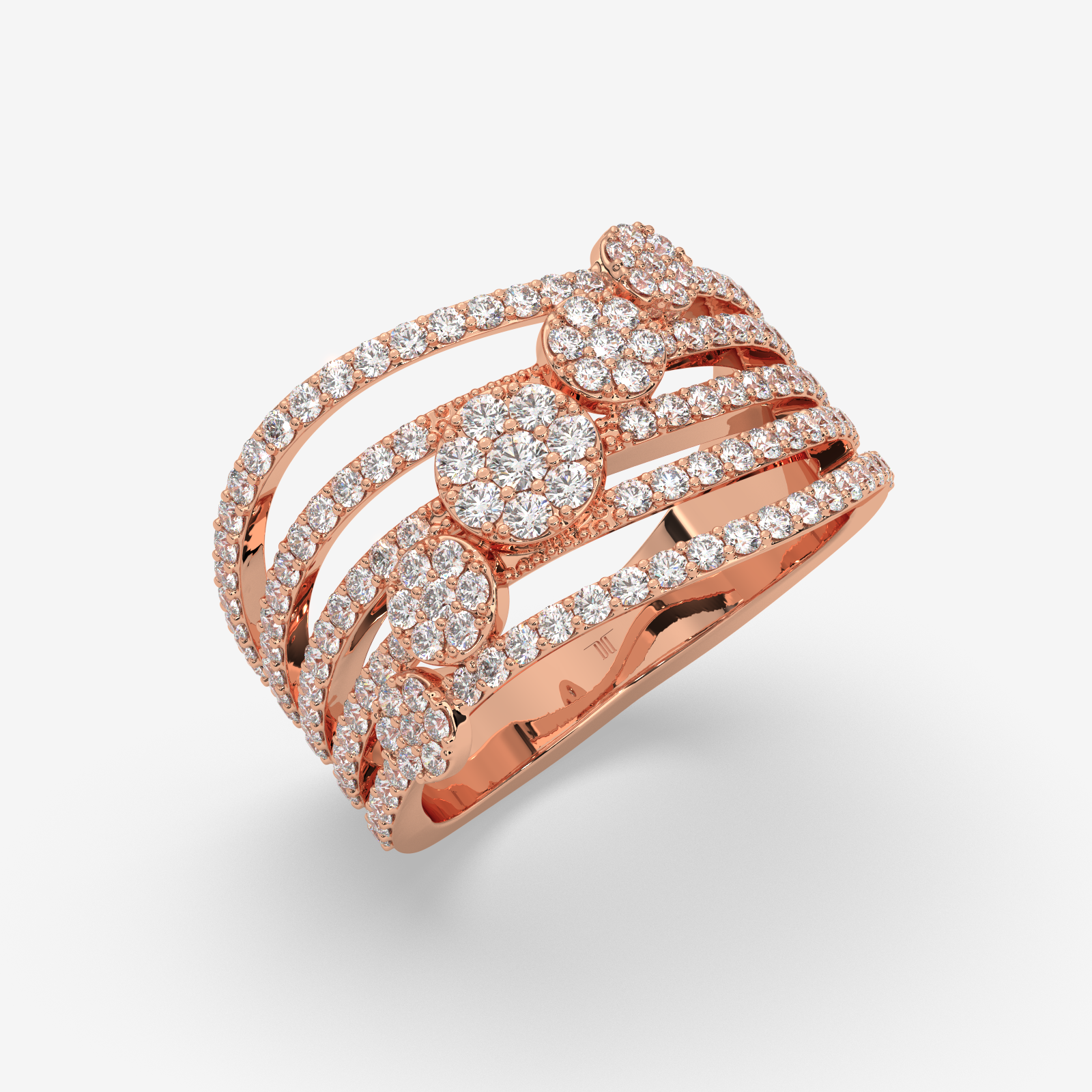 Solid Gold Multi-Row Diamond Cluster Statement Ring | 5-Band Stacked Wave Ring