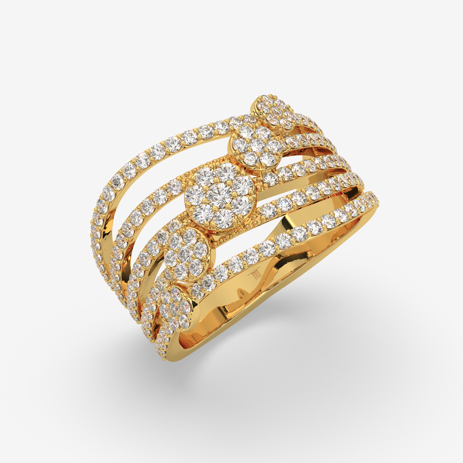 18k Gold Multi-Row Diamond Cluster Statement Ring | 5-Band Stacked Wave Ring