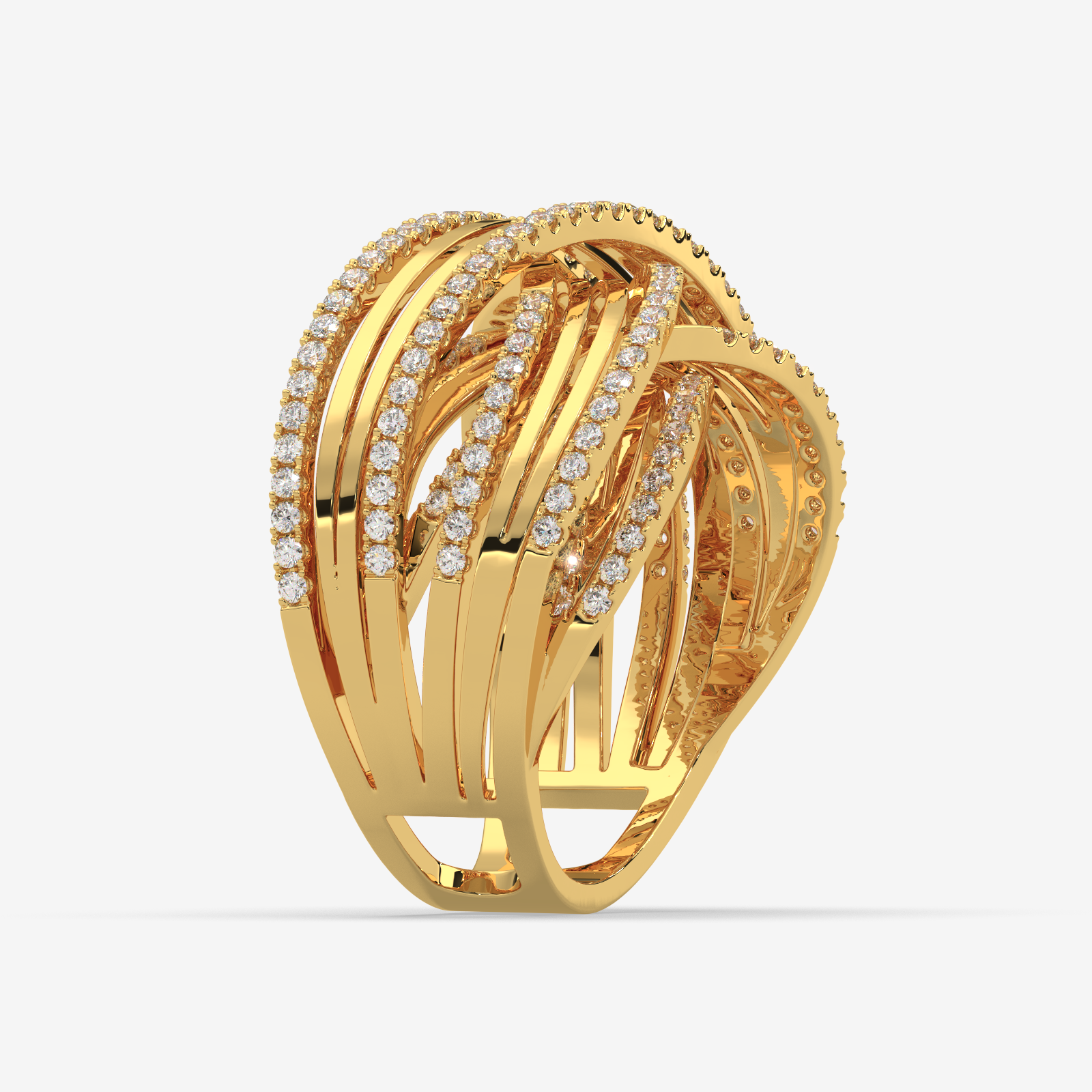 18k Gold Multi-Row Crossover Statement Ring with Brilliant-Cut Diamond