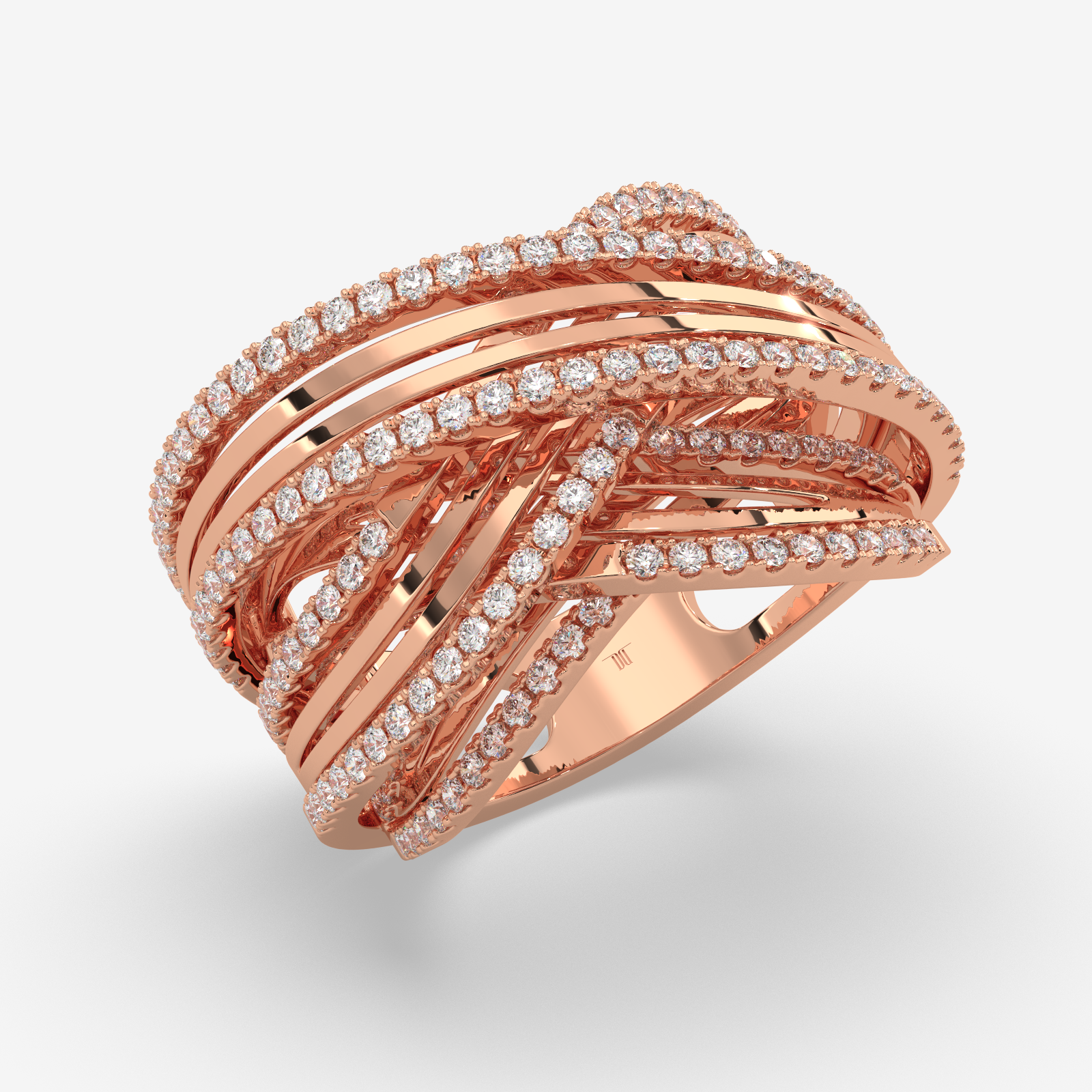 18k Gold Multi-Row Crossover Statement Ring with Brilliant-Cut Diamond