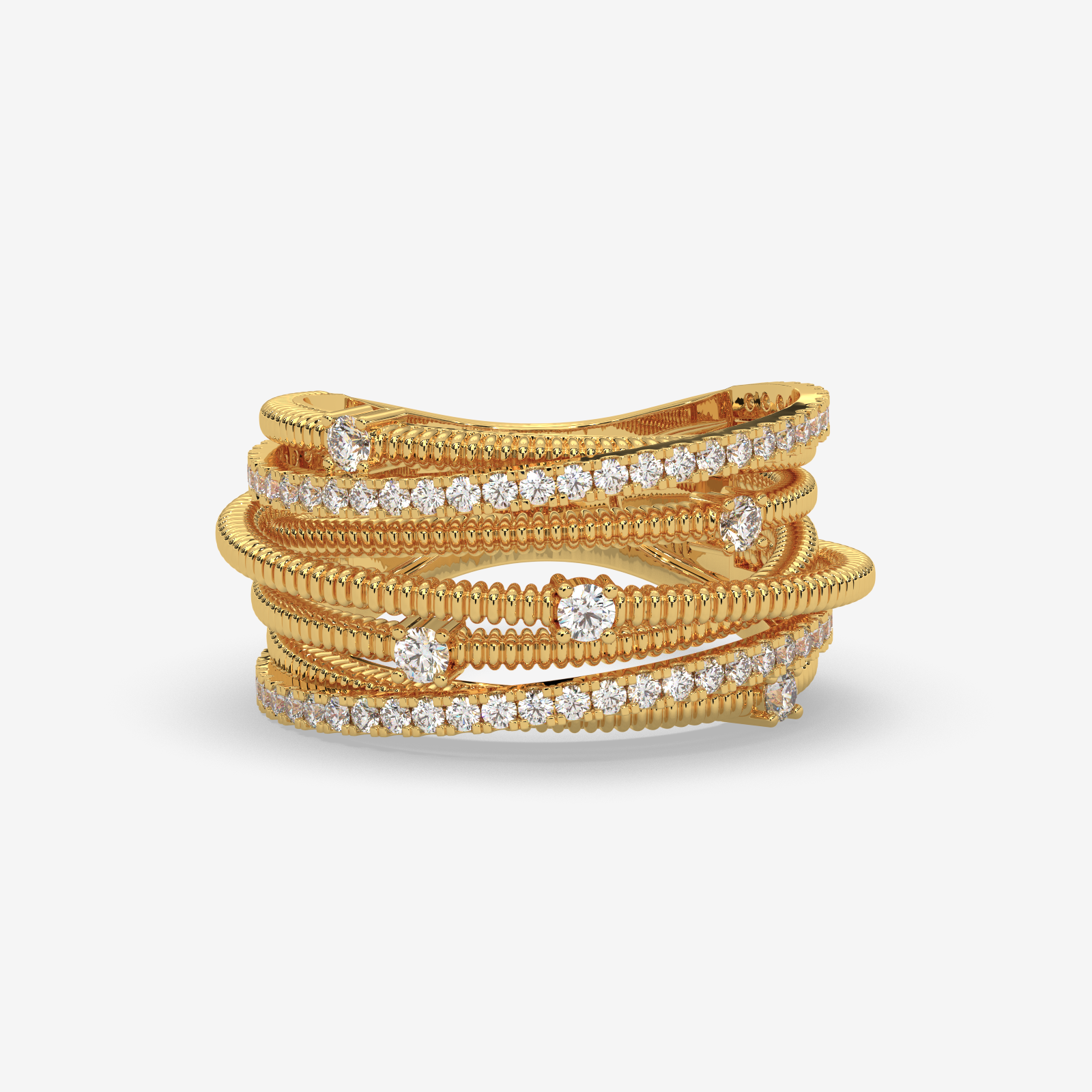 18k Gold Multi-Row Crossover Diamond Ring | Twisted Rope Statement Band for Women