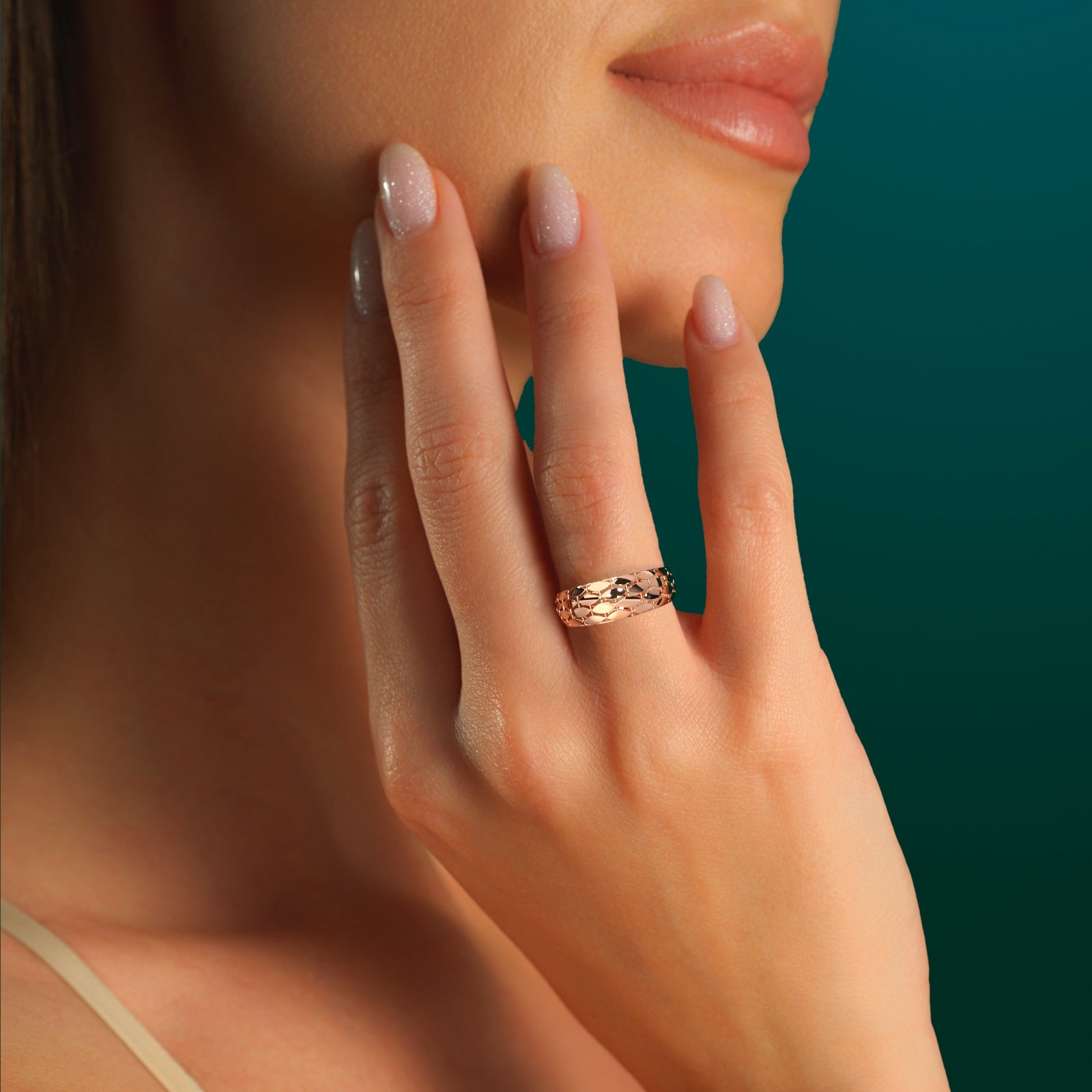 18k Solid Gold Openwork Marquise Band Ring | Elegant Lattice Statement Ring for Women