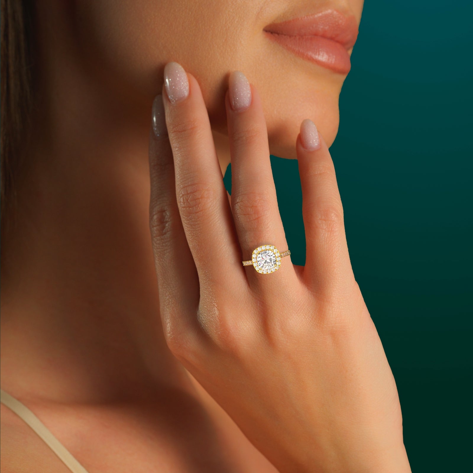 Solid Gold Cushion Cut Diamond Halo Engagement Ring | Pave Set Band