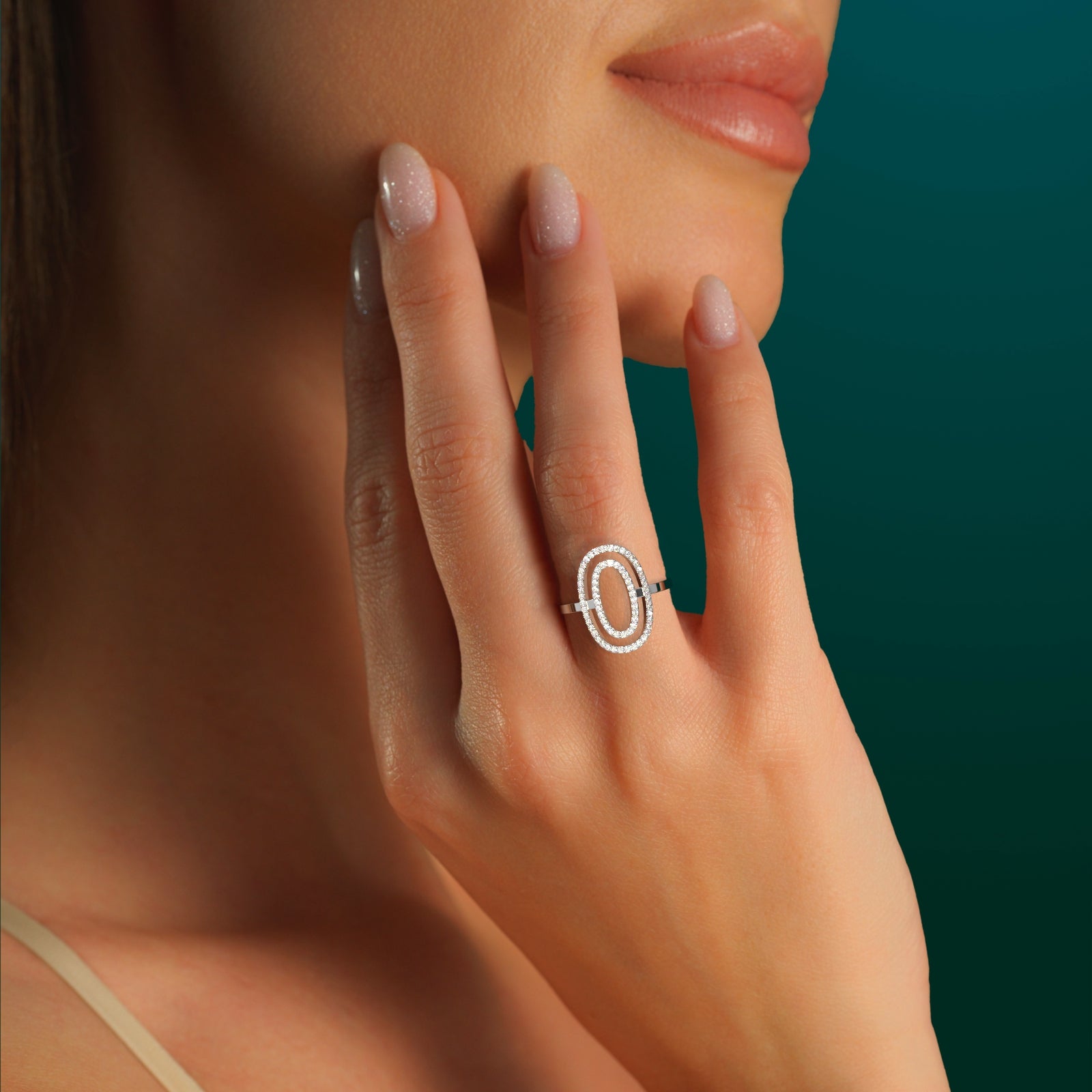 18K Gold Double Oval Diamond Statement Ring | Modern Geometric Open Hoop Ring for Women