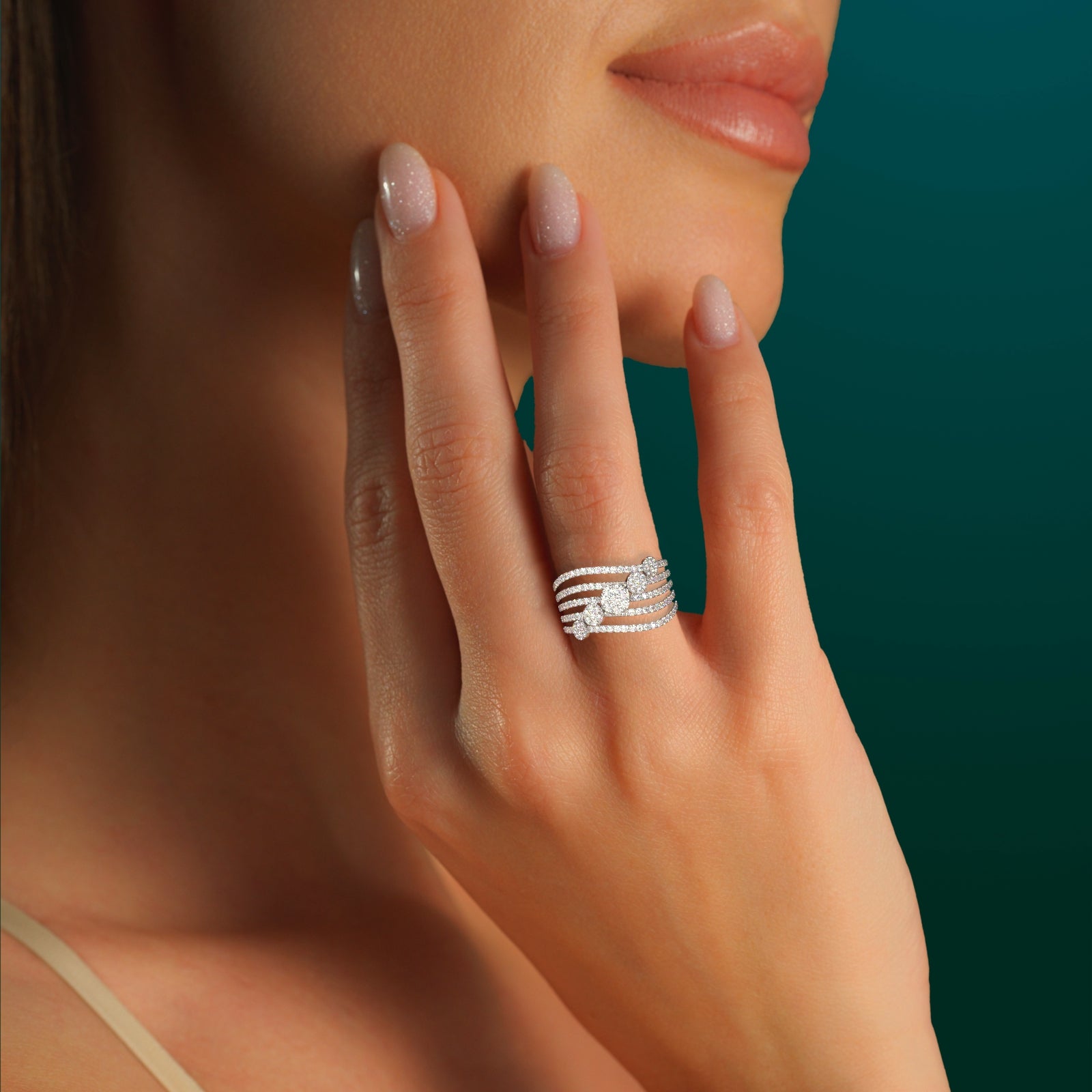 Solid Gold Multi-Row Diamond Cluster Statement Ring | 5-Band Stacked Wave Ring