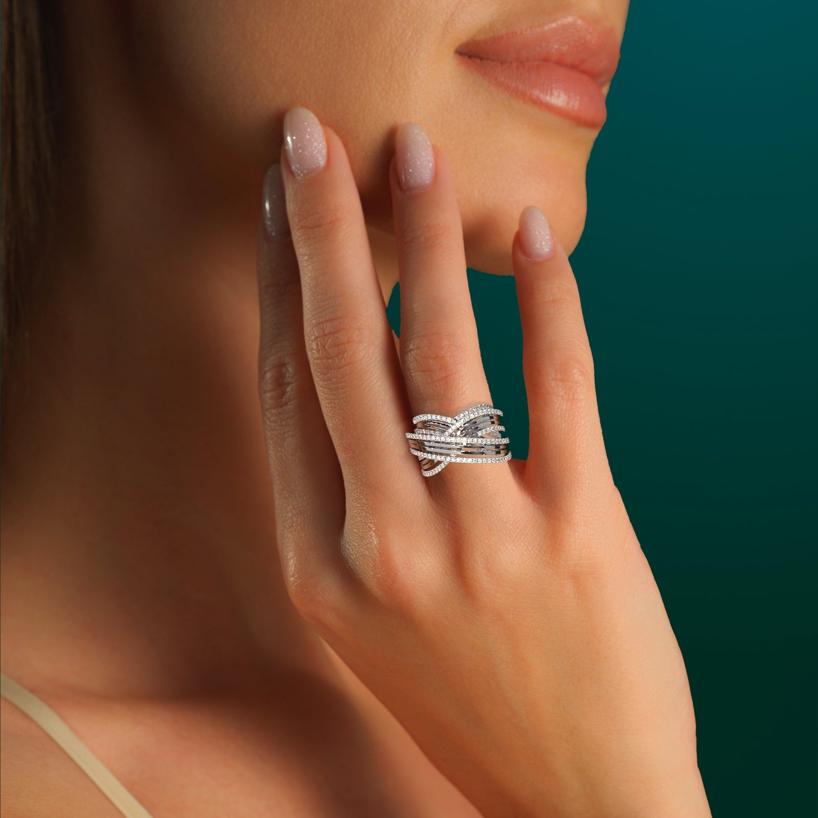 18k Gold Multi-Row Crossover Statement Ring with Brilliant-Cut Diamond