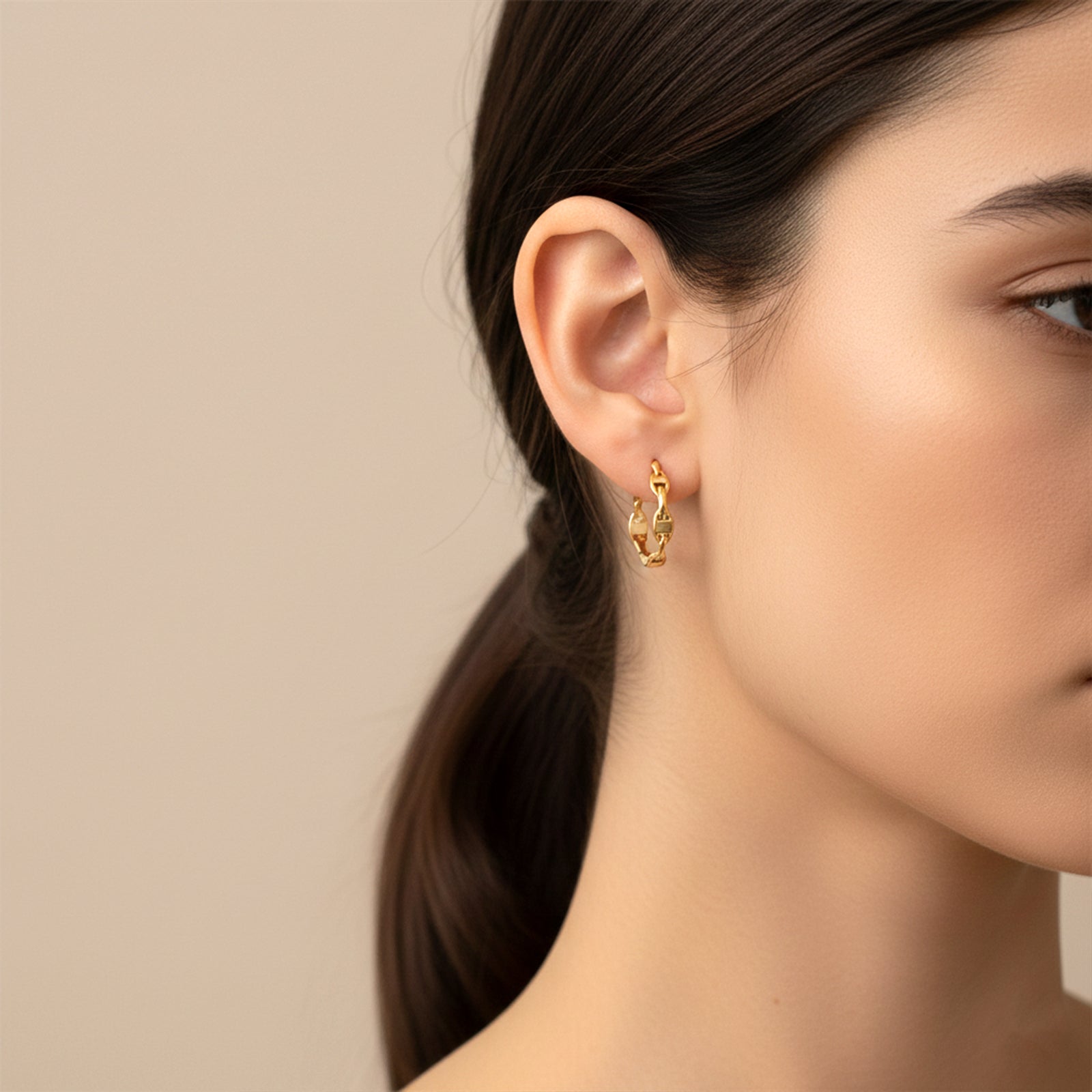 18k Solid Gold Marine Link Huggie Hoop Earrings | Nautical Anchor Chain Hoops