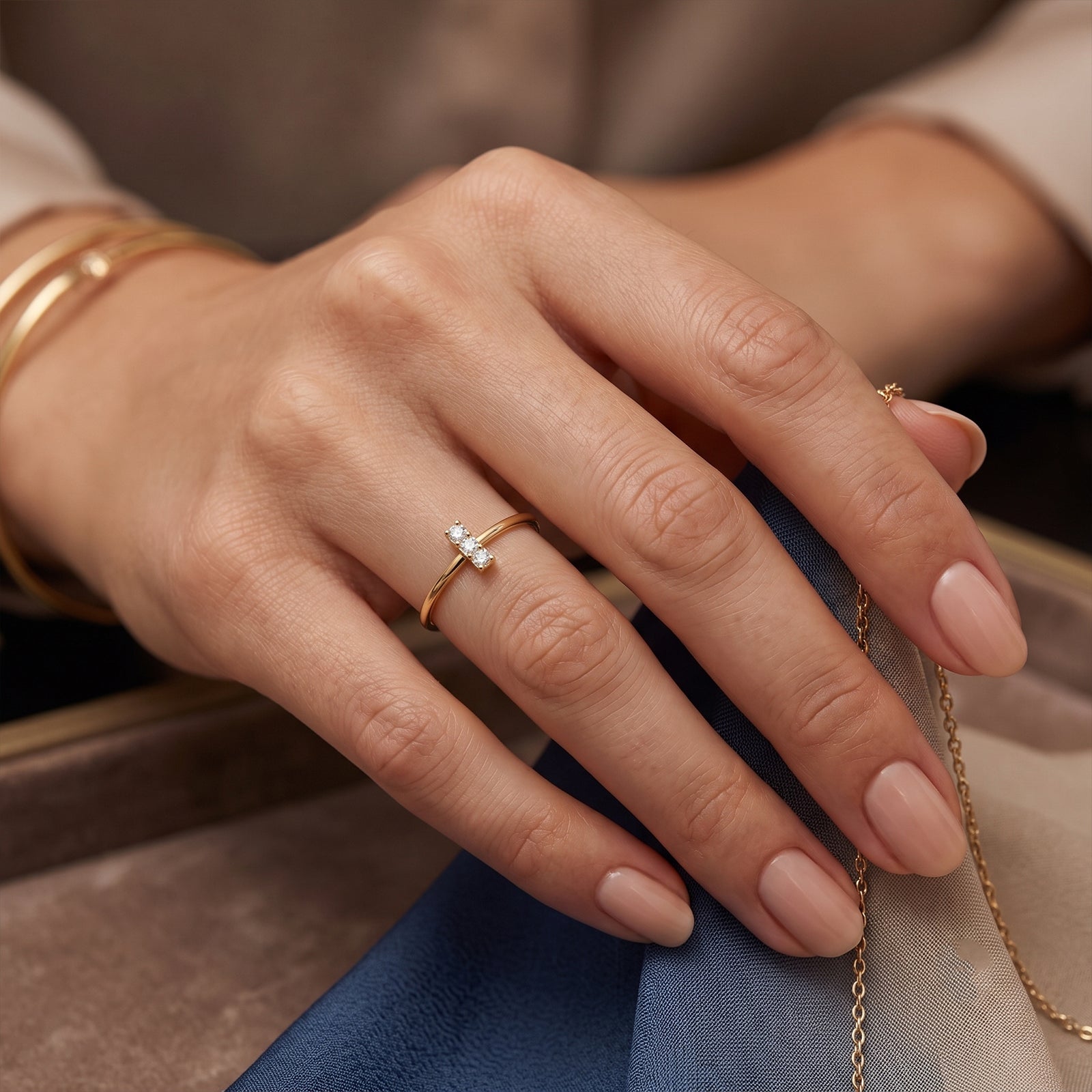 18K Solid Gold Dainty Vertical 3-Stone Diamond Bar Ring | Minimalist Stackable Band