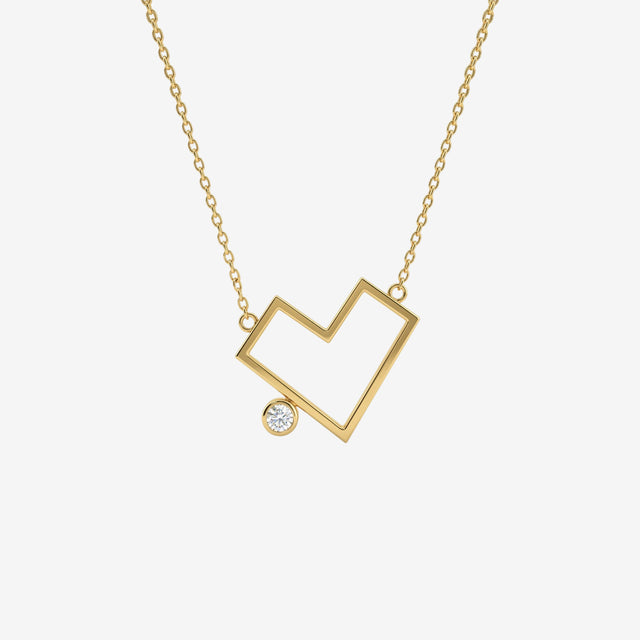 18K Solid Gold Geometric Heart Diamond Pendant Necklace