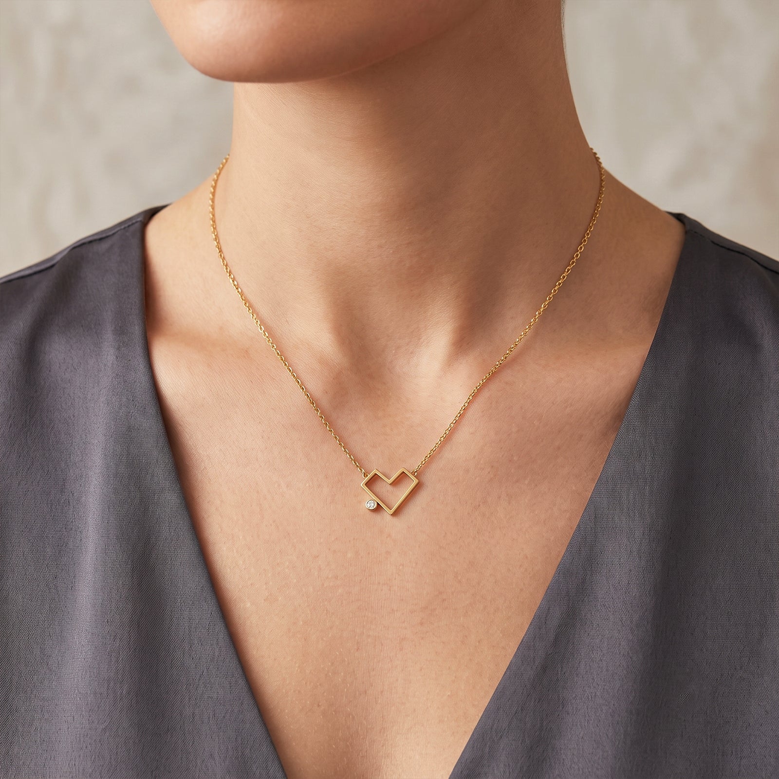 18K Solid Gold Geometric Heart Diamond Pendant Necklace