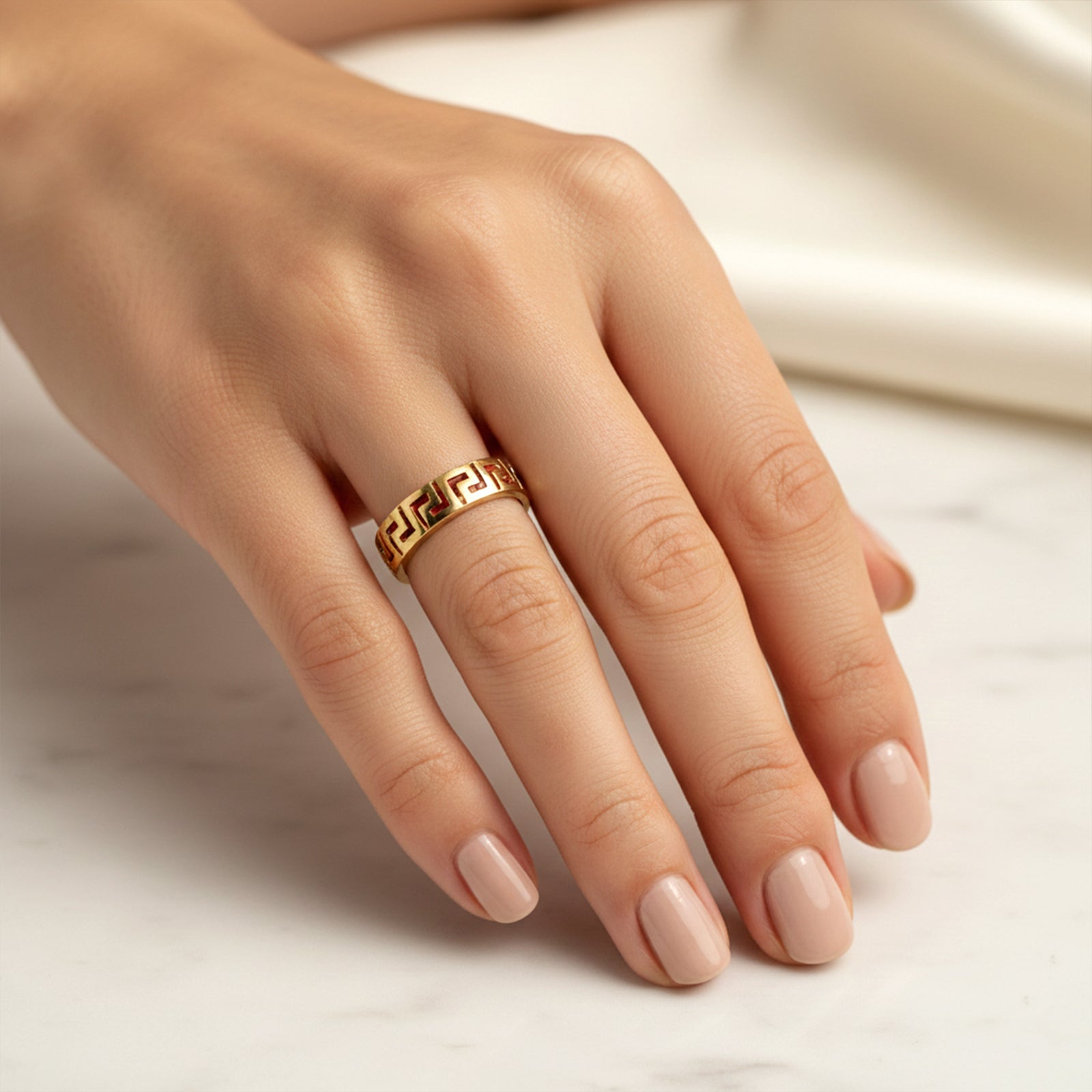 18K Gold Greek Key Band Ring | Classic Meander Motif Eternity Ring
