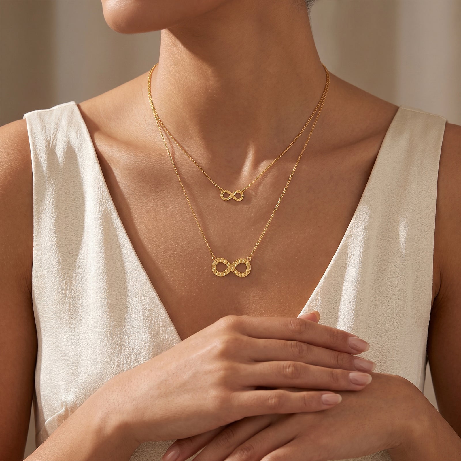 18K Solid Gold Double Layered Infinity Necklace | Dainty Tiered Pendant Chain
