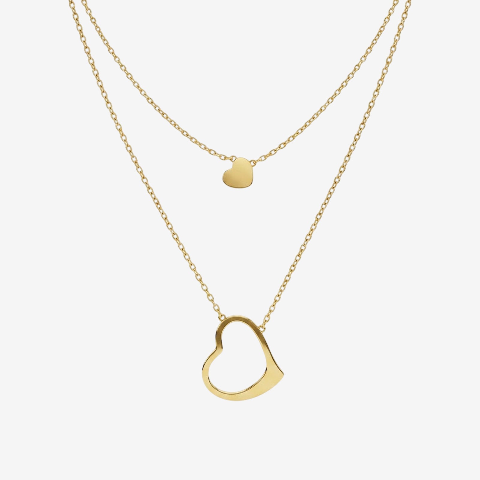 18K Solid Gold Layered Heart Necklace | Minimalist Dual Chain Heart Pendant