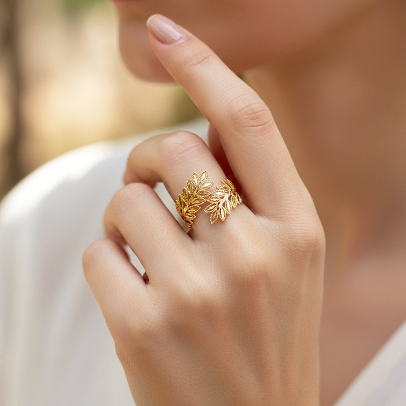 18k Gold Laurel Leaf Ring | Handcrafted Filigree Branch Statement Ring for Women
