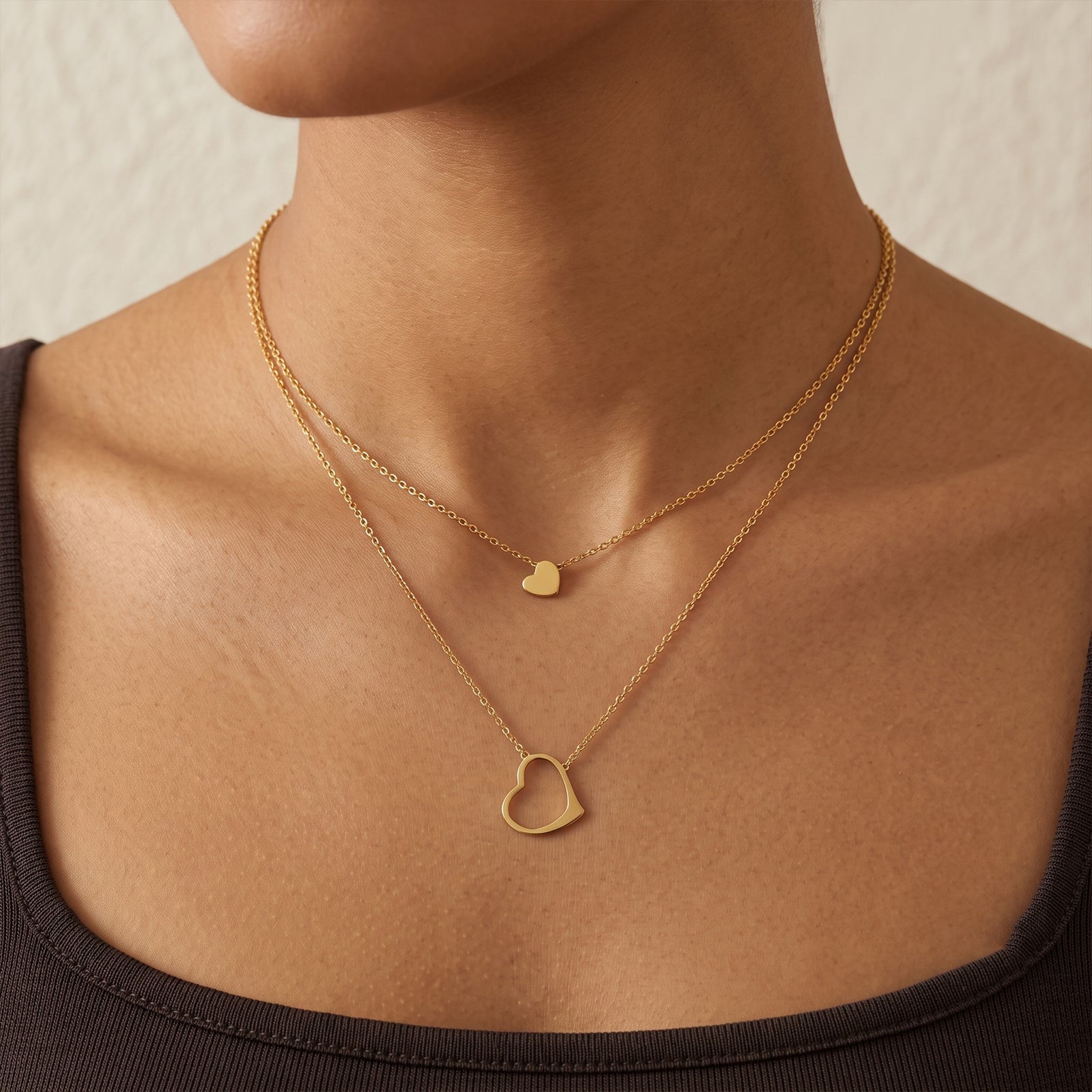 18K Solid Gold Layered Heart Necklace | Minimalist Dual Chain Heart Pendant