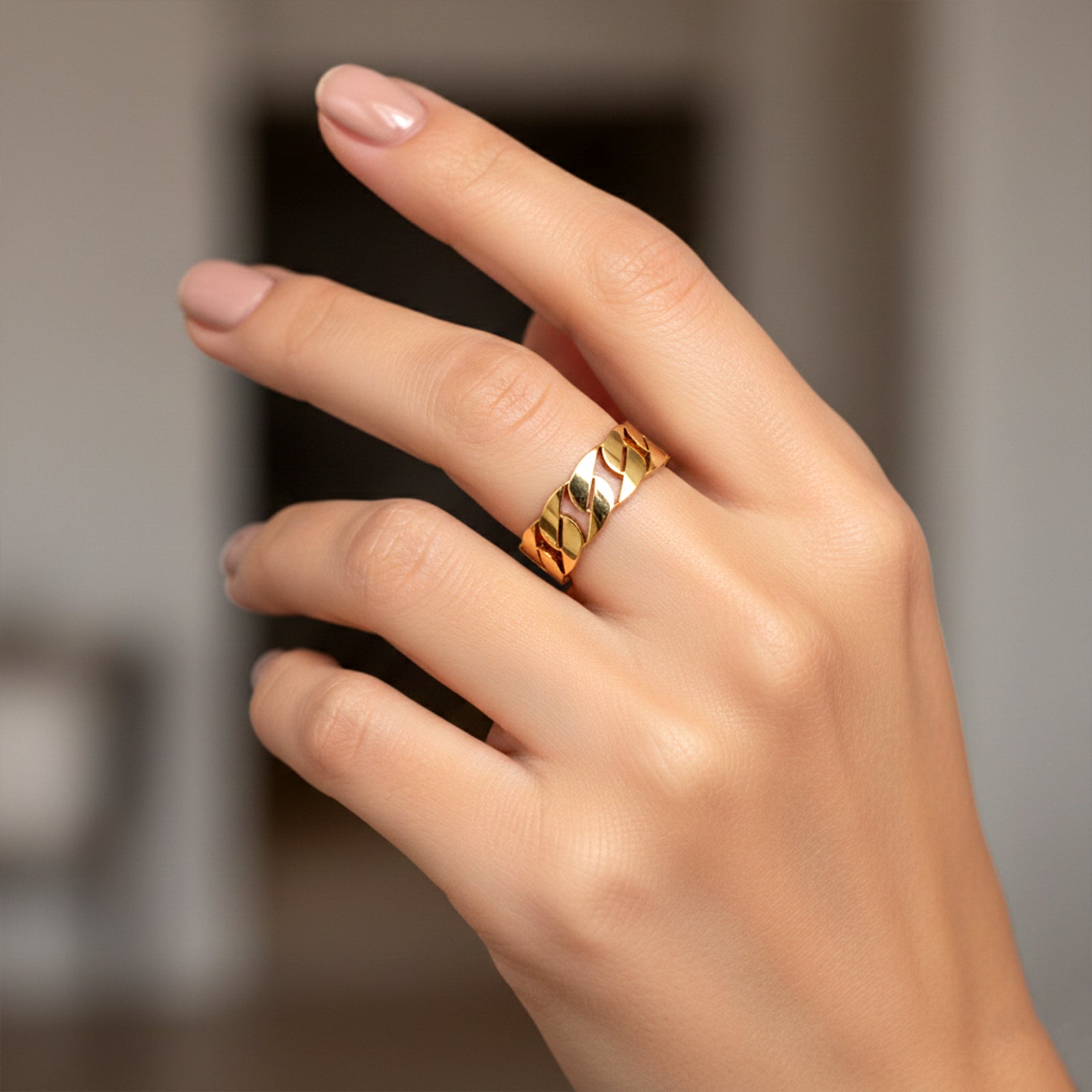 18k Solid Gold Flat Curb Link Ring | Bold Chain Statement Band for Women