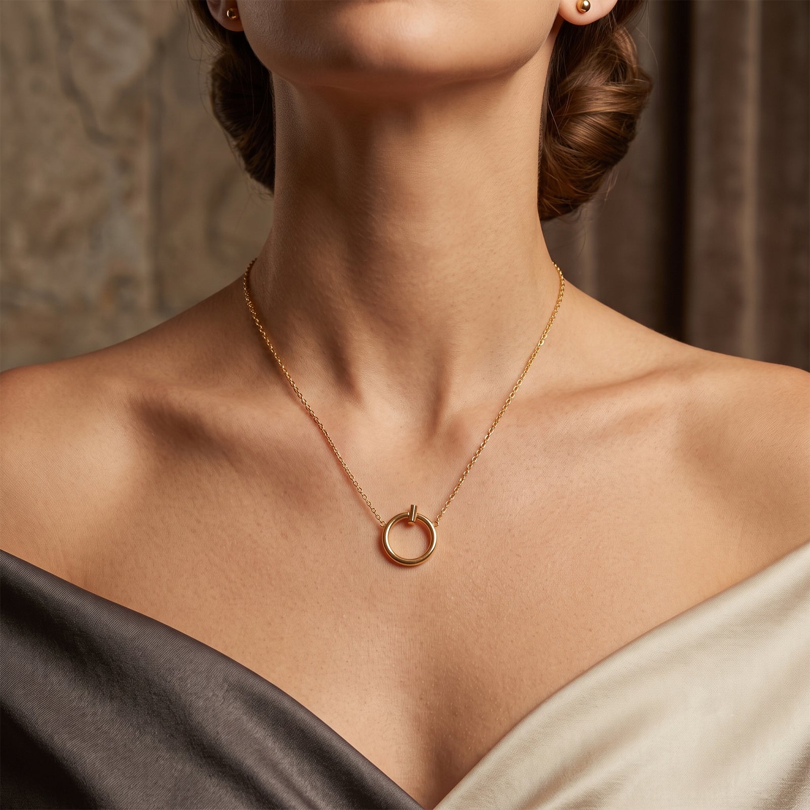 18K Solid Gold Open Circle Toggle Pendant Necklace | Modern Geometric Everyday Jewelry