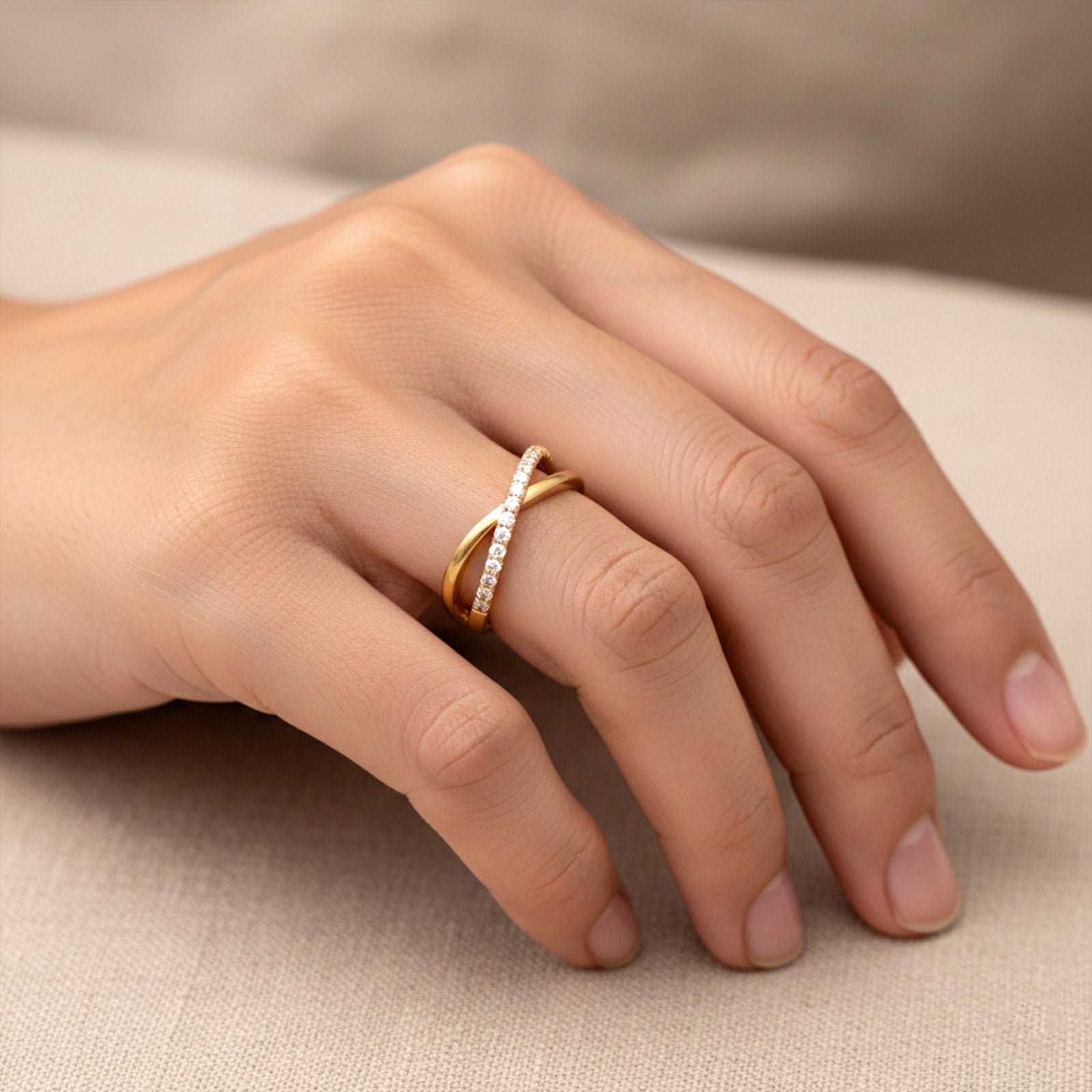 18k Gold Criss-Cross Diamond Ring | Minimalist X-Band Pave Ring for Women