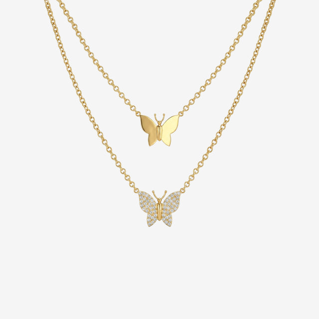 18K Gold Double Layer Butterfly Diamond Necklace | Layered Butterfly Pendant