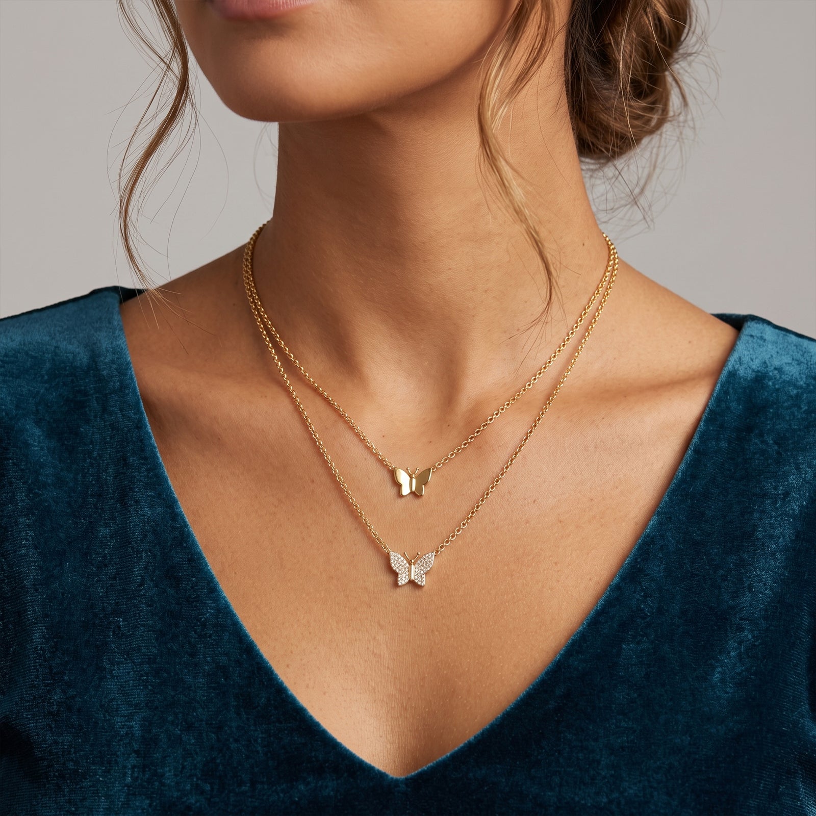 18K Gold Double Layer Butterfly Diamond Necklace | Layered Butterfly Pendant