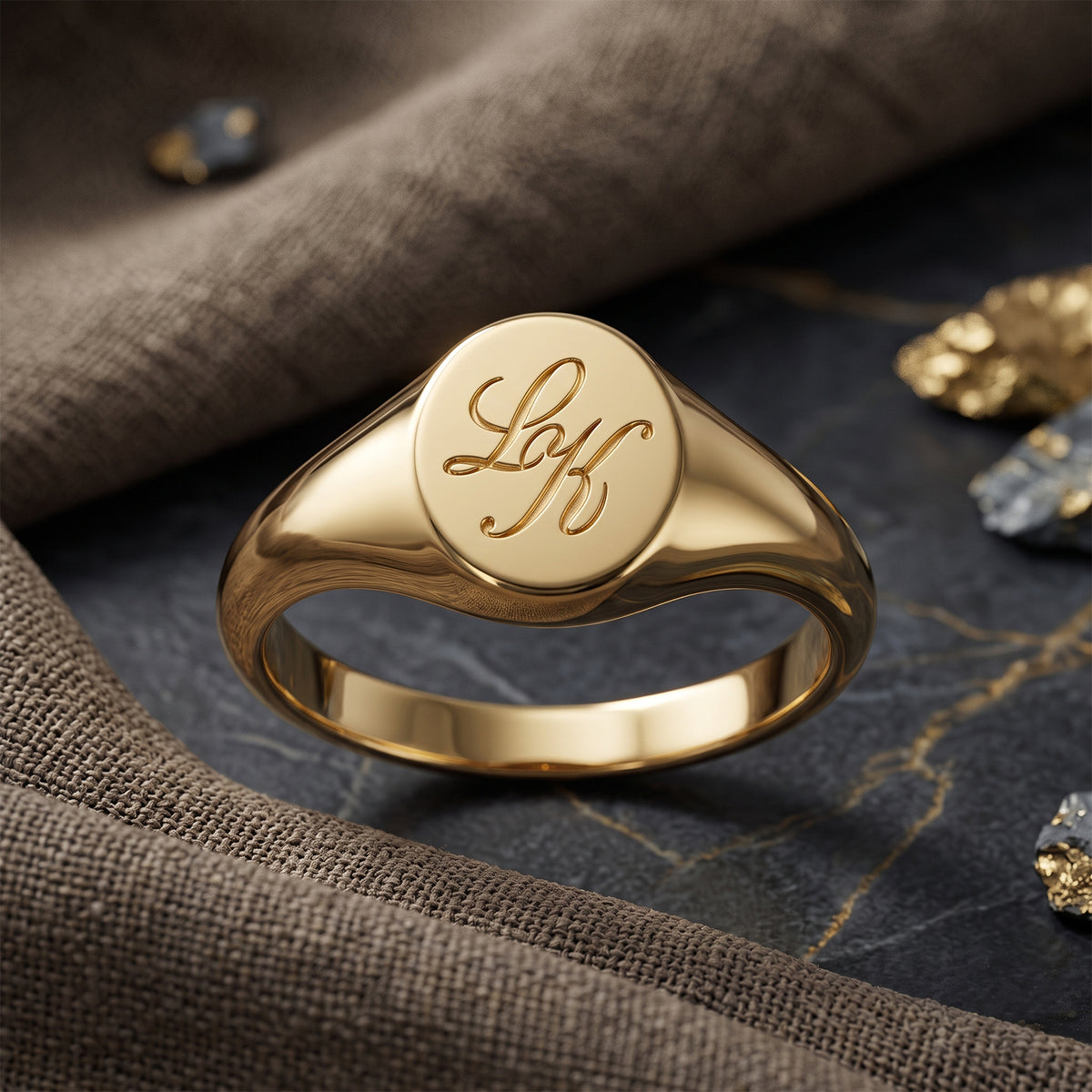 18K Solid Gold Monogram Signet Ring | Custom Engraved Personalised Initial Ring