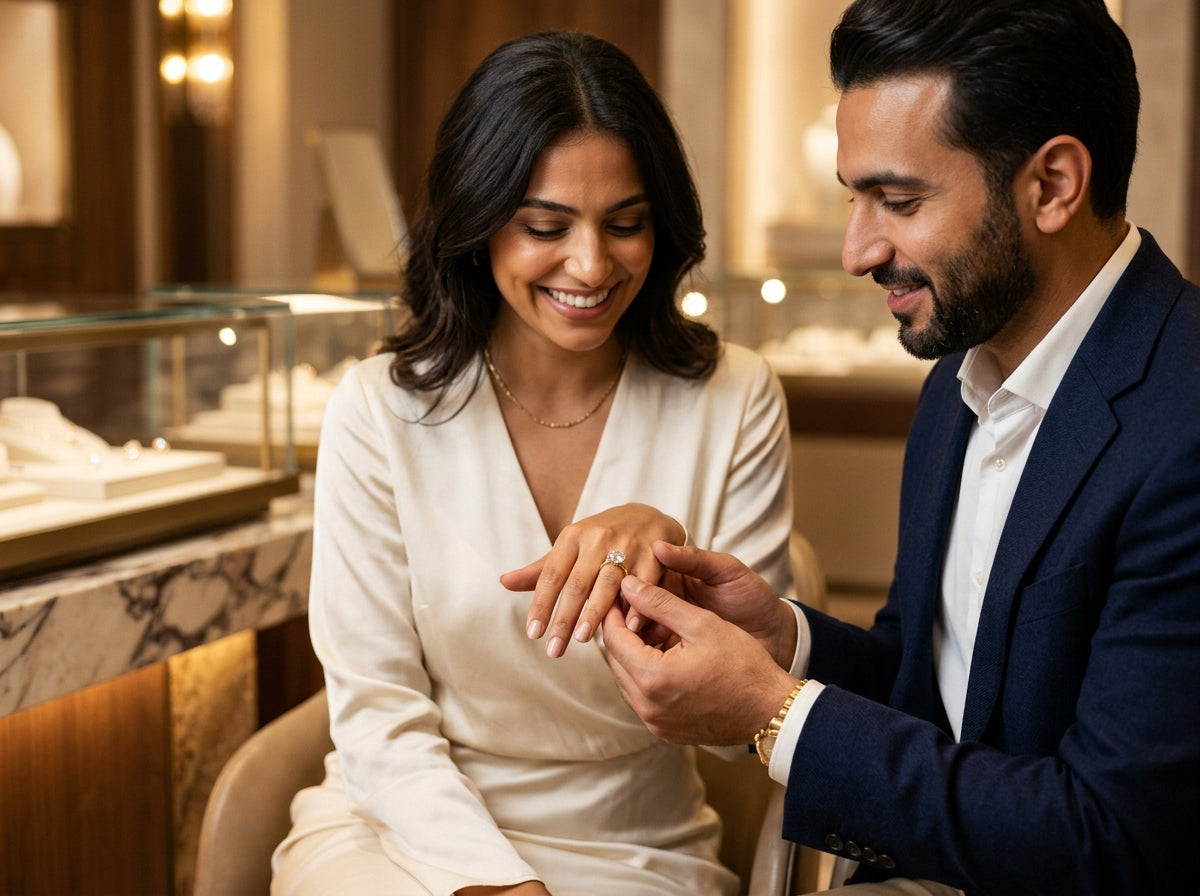 Couple admiring a diamond solitaire engagement ring in a luxury boutique