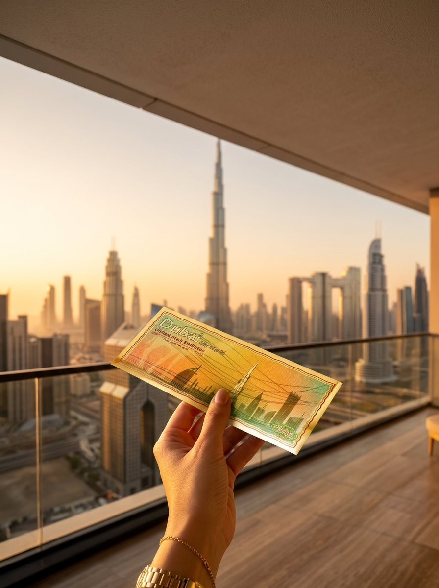 Traveller holding 24K Gold Note souvenir overlooking Dubai at golden hour